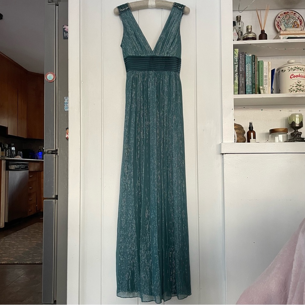 Vintage 00’s Silk V-Neck Maxi Dress Emerald Gemstone Teal Green Metallic Silver